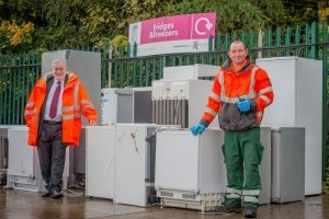 Recycle electricals Cllr Tom Conn and Andy McQuade at Oakbank Recycling Centre