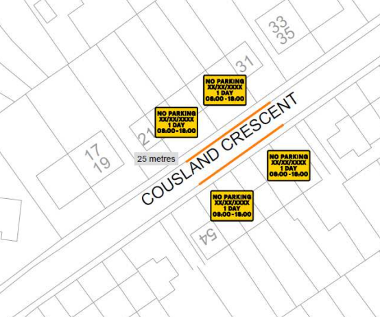 Map of parking suspension on Cousland Crescent