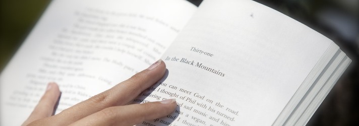 Holding open book: Link to 'Blackridge Library' Hand holding open book as person reads